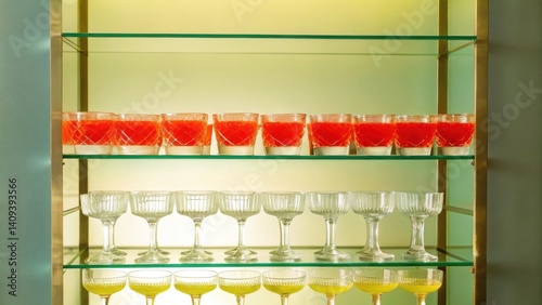 cocktail bars Shelves display a variety of elegant glassware with colorful drinks, creating a sophisticated presentation.