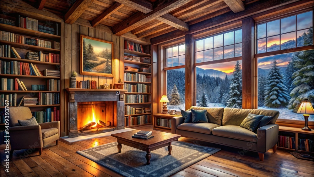 Fototapeta premium Cozy cabin panorama: fireplace's warmth, book-lined walls, snowy winter scene outside.