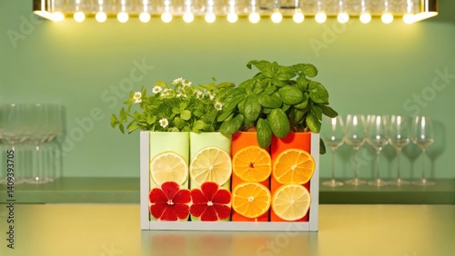 cocktail bars Vibrant display of fresh fruits and herbs in a decorative container against a stylish background.