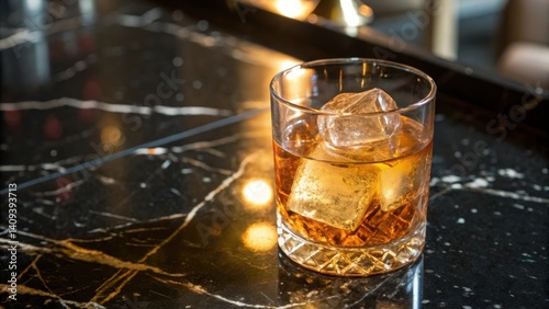 cocktail bars A whiskey glass with ice sits on a dark marble surface, reflecting ambient light.