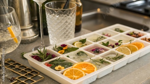 cocktail bars A stylish ice tray filled with herbs and fruits for creative beverage garnishing.