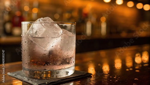 cocktail bars A refreshing cocktail glass with ice sits on a bar, surrounded by warm, blurred lights.