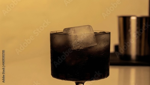 cocktail bars A glass of dark beverage with ice, set against a softly lit background.