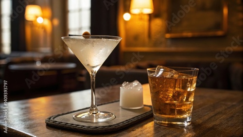 cocktail bars Elegant cocktails on a wooden table in a cozy bar setting.