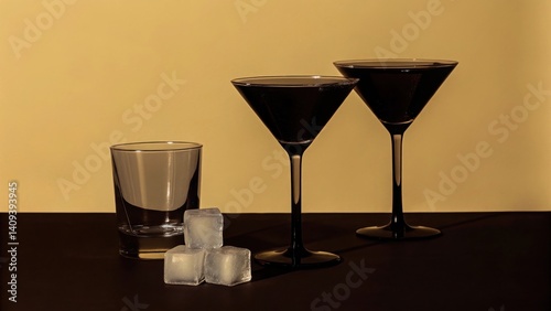 cocktail bars Elegant cocktail glasses with ice cubes against a golden backdrop.
