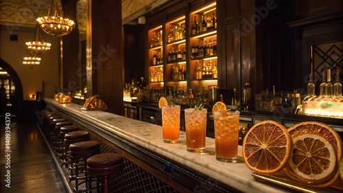 cocktail bars Elegant bar scene featuring cocktails and a well-stocked shelf of spirits.