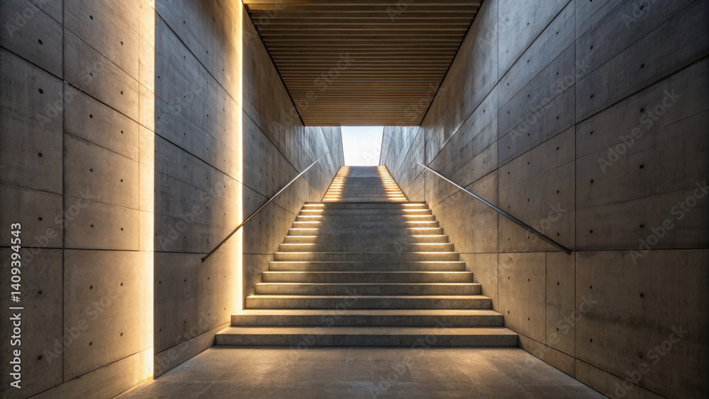 Fototapeta premium Modern staircase with concrete walls and ambient lighting, creating serene atmosphere. design emphasizes simplicity