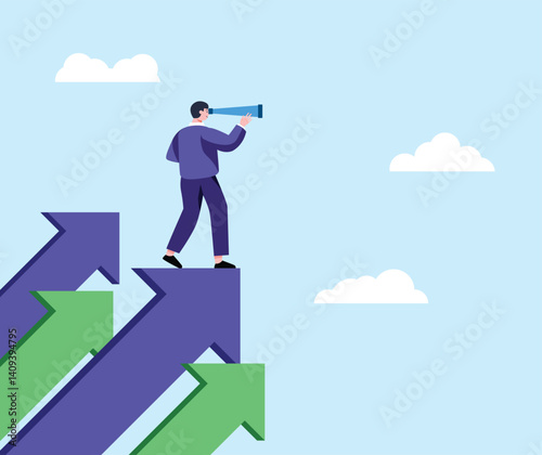 Person Looking Through Telescope Standing on Arrows Pointing Upward