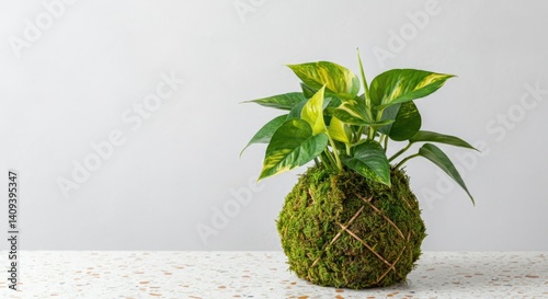Kokedama moss ball with variegated pothos plant on terrazzo surface