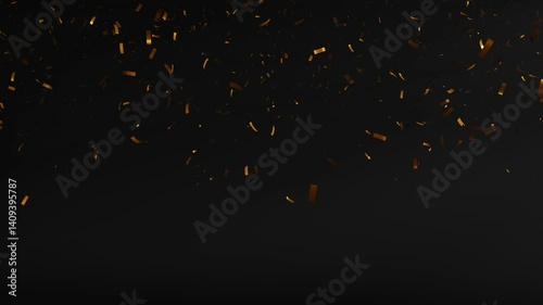 3d rendering animation of falling confetti with gold color on a dark background