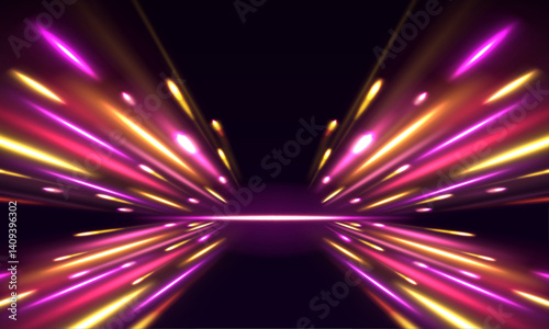 Abstract neon stripes with drills, turns, and swirls in high-speed motion, depicting futuristic road movement and glowing blue-purple light trails.	