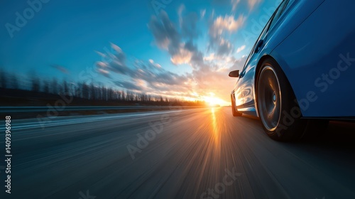 A blue car speeds along a highway at sunset, captured from a low angle. The glowing sun in the background illuminates the road and creates a dramatic atmosphere with colorful clouds