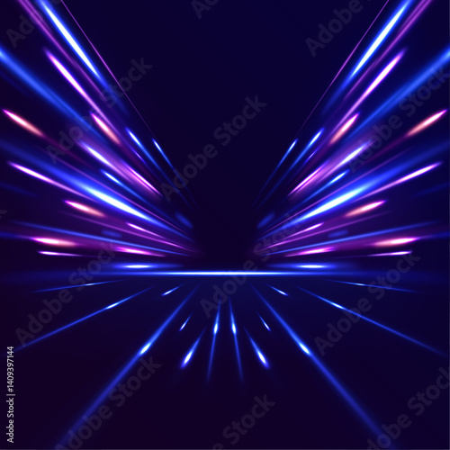 Horizontal night road in the form of a panorama with neon lights. Neon stripes in the form of drill, turns and swirl. Car motion trails. Speed line motion vector background.	

