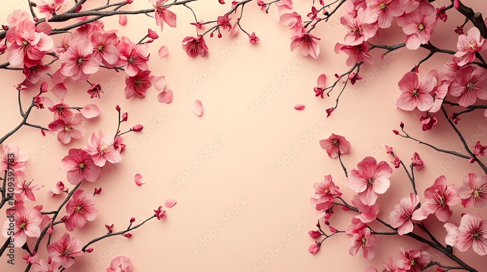 Fototapeta premium Delicate pink cherry blossoms create a beautiful frame on a soft background Perfect for spring wedding invitations or feminine branding