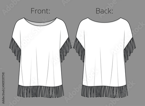 Vector basic woman blouse with fringe trimmed fashion CAD, round neck sleeveless top sketch, technical drawing, template, mock up,T-Shirt female flat. Jersey or knitted fabric sweater, white color