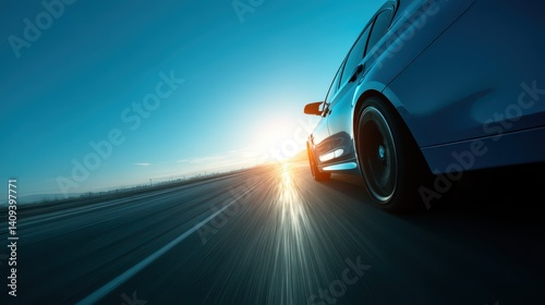 A blue car races along a straight highway as the sun rises on the horizon, creating a dynamic atmosphere of excitement and speed. The road stretches ahead, inviting adventure