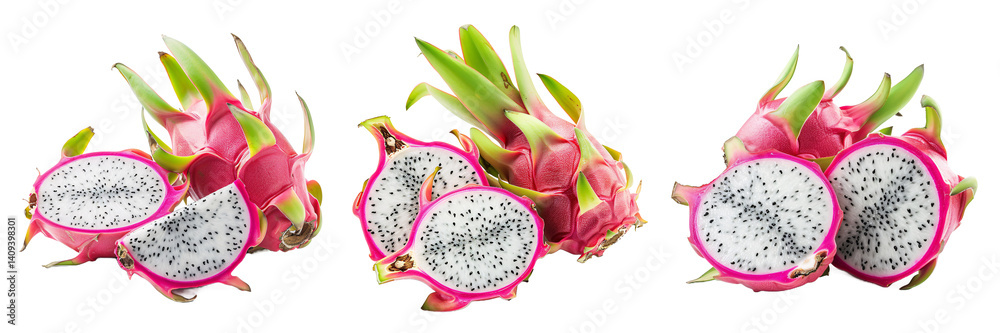 set of whole and a slice of dragon fruit isolated on transparent set of whole and a slice of dragon fruit isolated on transparent