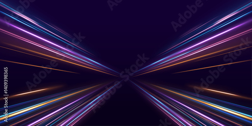 Laser beams luminous abstract sparkling isolated on a transparent background. Acceleration speed motion on night road. Light and stripes moving fast over dark background.	
