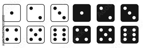 Game dice icons set isolated vector illustration, Set of game dice icon. . Dice game vector icon set  isolated on white background. Dice in a flat and linear design,  from one to six. stock Vector