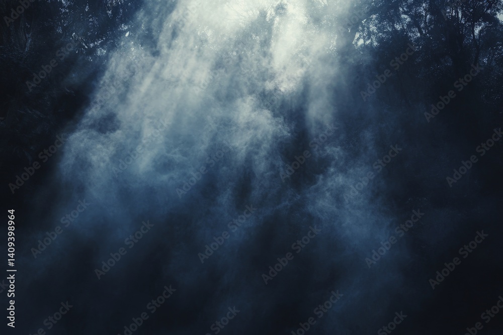 sunbeams through dense forest fog misty morning sunbeams through dense forest fog misty morning