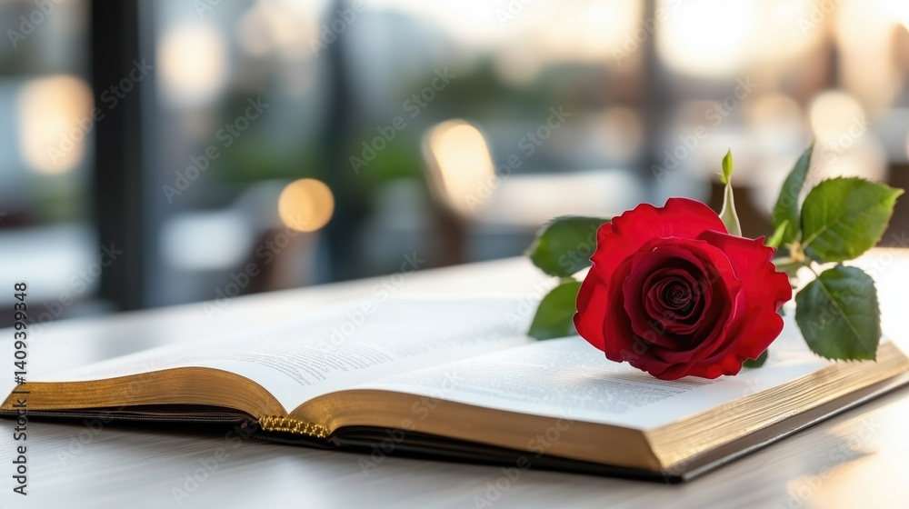Vibrant red rose on open book with blurred background