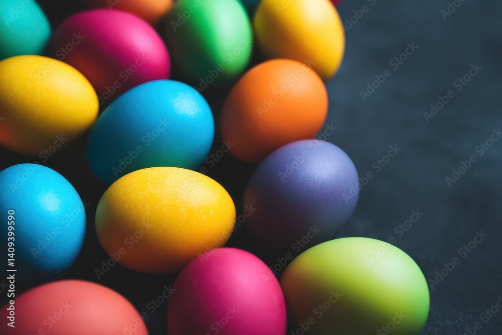 A vibrant collection of Easter eggs in various colors is artfully arranged on a dark surface, adding cheer to spring festivities and holiday traditions. Perfect for decoration or activities A vibrant collection of Easter eggs in various colors is artfully arranged on a dark surface, adding cheer to spring festivities and holiday traditions. Perfect for decoration or activities