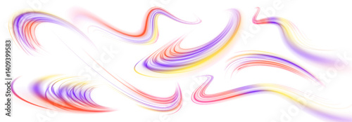 Abstract high-speed motion: colorful data stripes, expressway headlights, and city light trails with a glowing wake effect, ideal for fast-paced, technology and cyberpunk designs in PNG.	