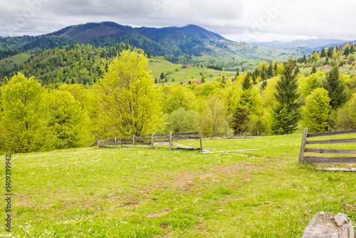 wooden fence near meadow on the hill. mountainous rural landscape of transcarpathia in spring. beautiful view of countryside with grass on field and forested on hillside beneath a cloudy sky
