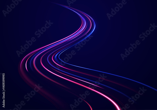 Big data traffic visualization with high-speed data streams. Blue and purple neon glow colors enhance the abstract motion background.