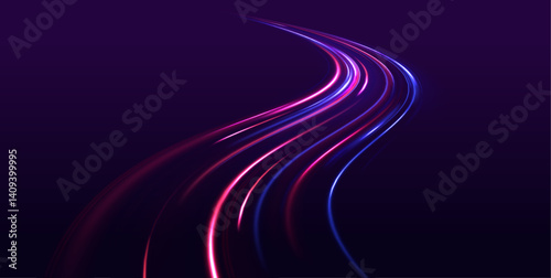 Glowing violet speed rays and sparkling lines form a neon network. Dark background highlights dynamic tech motion and vibrant energy.