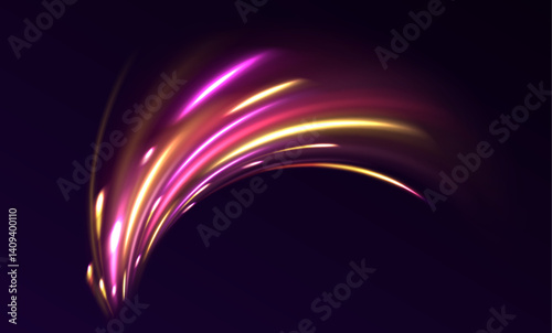Glowing violet speed rays and sparkling lines form a neon network. Dark background highlights dynamic tech motion and vibrant energy.