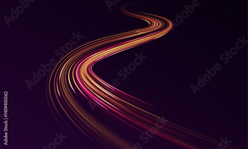 Abstract fast moving glowing neon particle created blue light curve line motion, digital futuristic internet data speed. Expressway, the effect of car headlights. Low-poly construction of fine lines.	