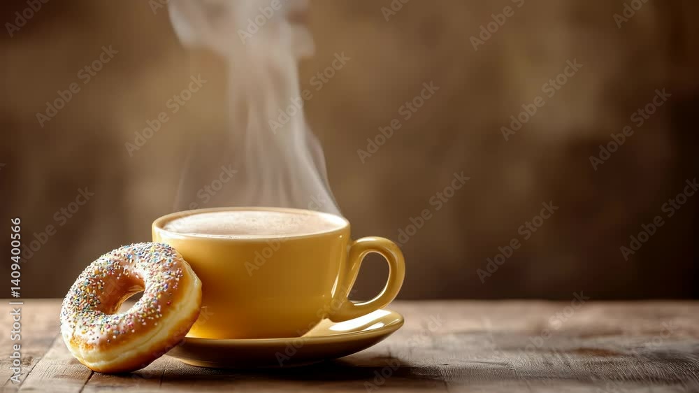 A cozy scene freshly brewed coffee and a delicious donut on a soft beige background
