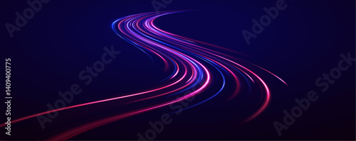 Acceleration speed motio. Magic neon smooth glowing track lines, blurry bright long exposure car trail of dynamic speed city road, movement on black background. Neon Color Blurred Motion On Speedway.