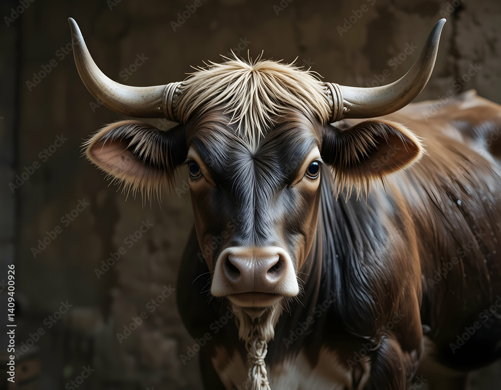 Naklejka premium Close-up of a Brown Cow with Horns Looking at the Viewer