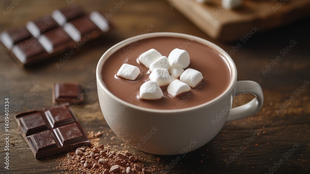 Cozy cup of hot chocolate with marshmallows and chocolate on a rustic wooden table during winter Cozy cup of hot chocolate with marshmallows and chocolate on a rustic wooden table during winter