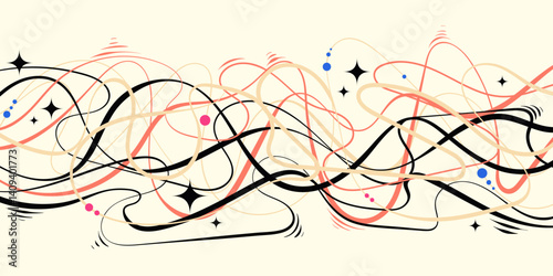 Colorful Wave Line Background with Stars on White Background. Dynamic playful overlapping lines with rhythmic flow. Perfect for music posters, branding, and web