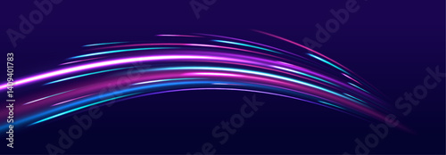 Blue glowing lines flow in an abstract air motion effect. Vector radial spirals combine with light streaks for a digital speed look.