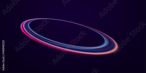 Spinning neon rings float in zero gravity. Energy flows in continuous motion. This tech design suggests innovation and speed.