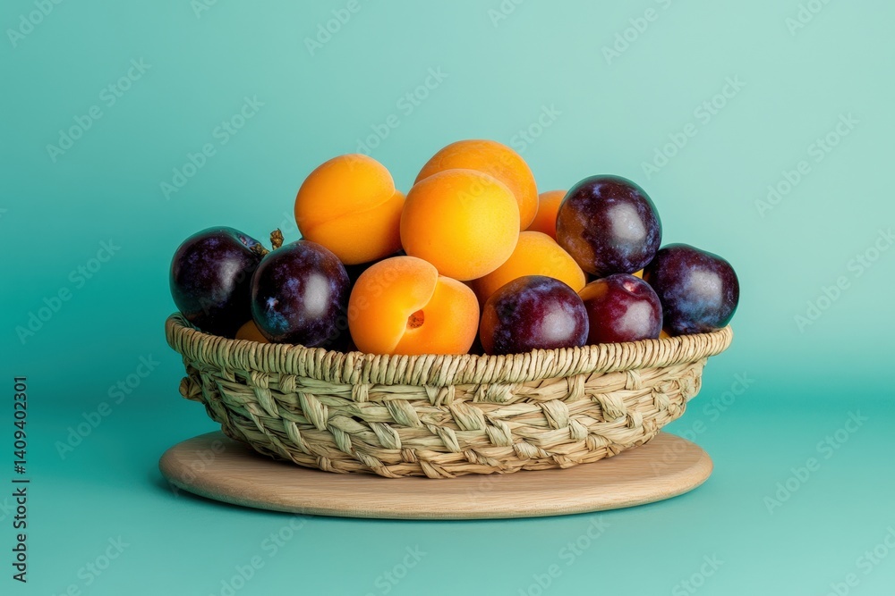 Fresh apricots and plums in a woven basket. Fresh apricots and plums in a woven basket.