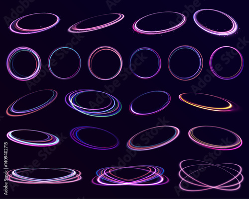 Circular frames shimmer with radiant energy. Particles float and glow in a smooth swirl. A dynamic scene of motion and light.