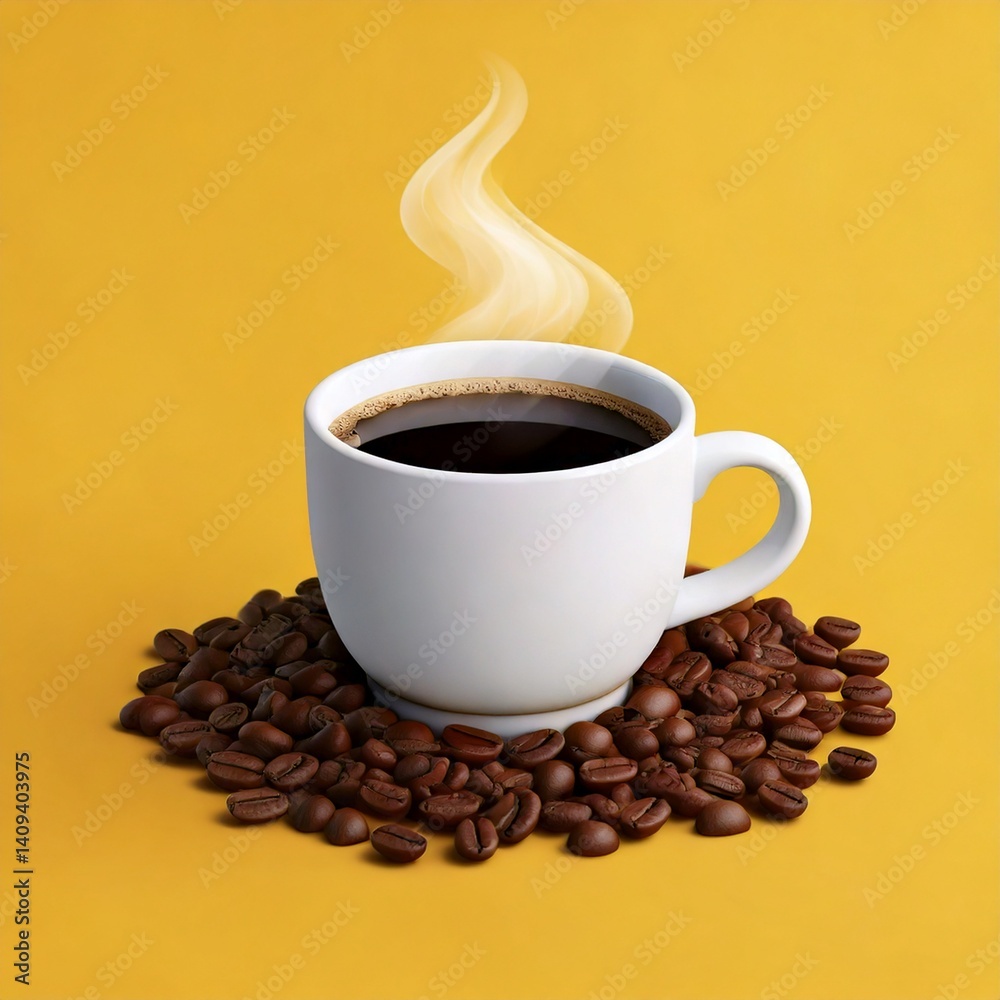 Fototapeta premium Vector Coffee Cup with Steam, Surrounded by Coffee Beans and Sugar Packets