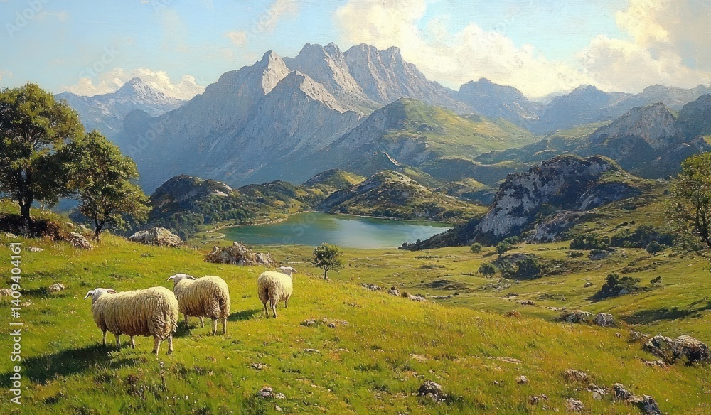 Fototapeta premium Sheep Grazing in a Pastoral Mountain Landscape