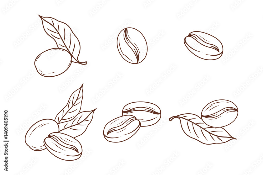 Outline coffee beans and leaves illustration in hand-drawn style, perfect for coffee-themed design projects. Outline coffee beans and leaves illustration in hand-drawn style, perfect for coffee-themed design projects.
