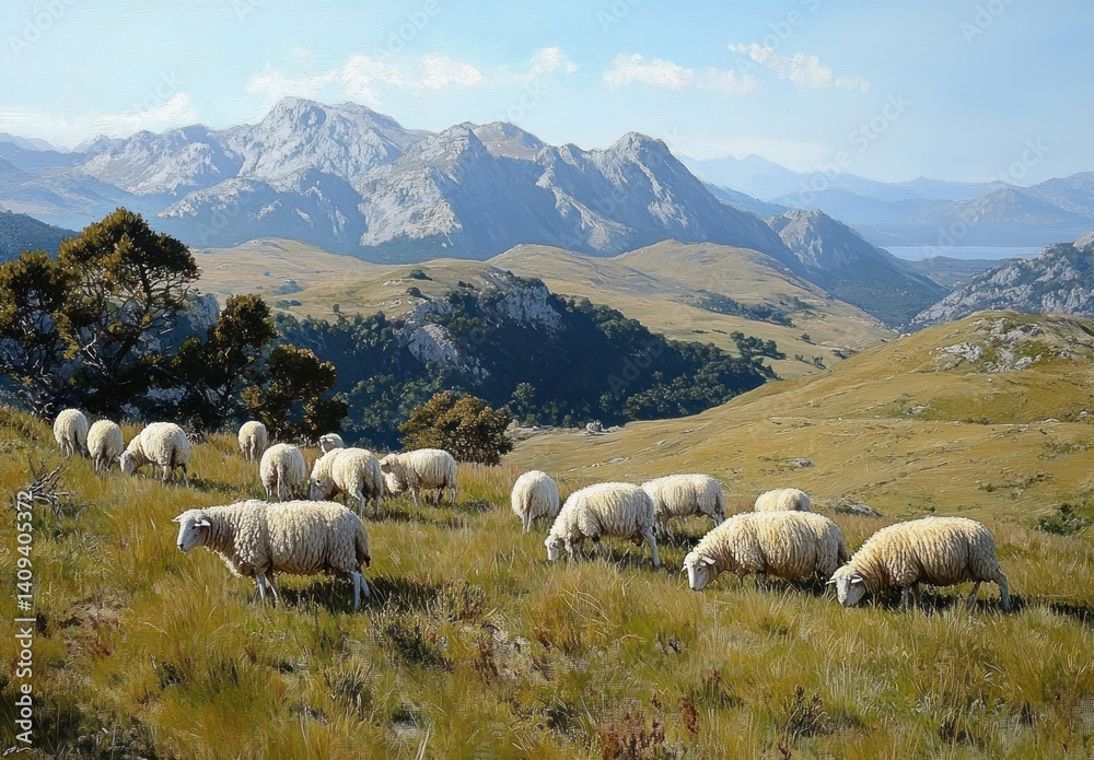 Fototapeta premium sheep grazing in tranquil mountains with rolling hills