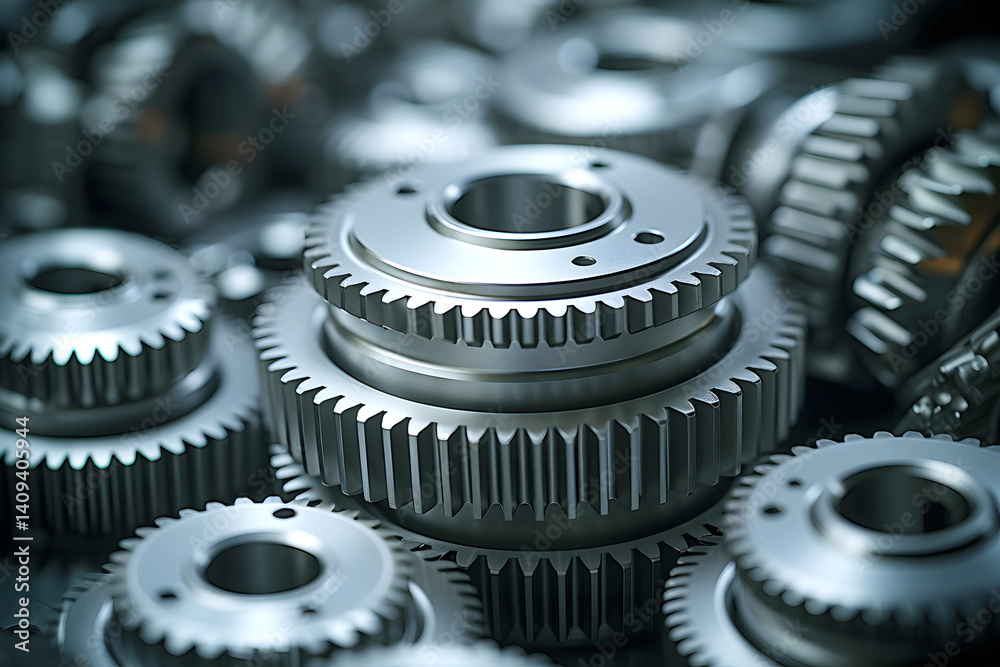 Close-up view of interlocking metallic gears arranged in a precise manner Close-up view of interlocking metallic gears arranged in a precise manner