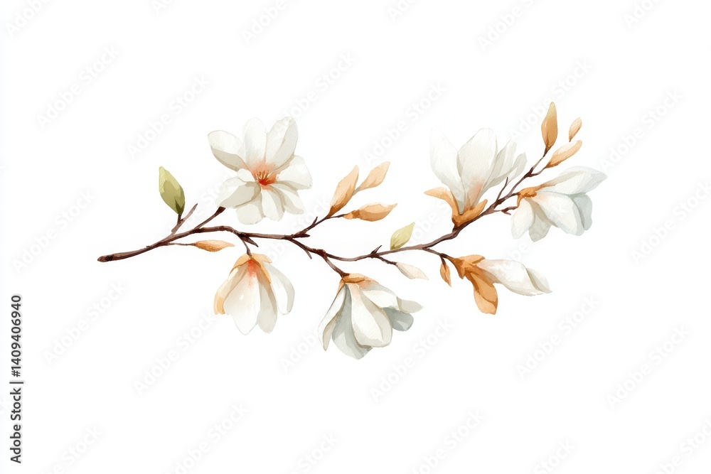 Obraz premium This watercolor artwork features a graceful branch with elegant flowers in soft shades of white and cream, capturing the essence of nature's charm in a serene composition
