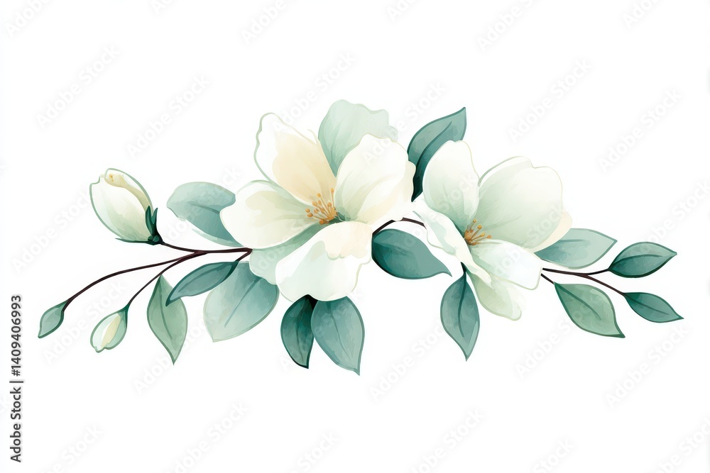 Fototapeta premium Watercolor artwork features soft white flowers and green leaves on a slender branch, illustrating a serene and peaceful representation of nature in bloom