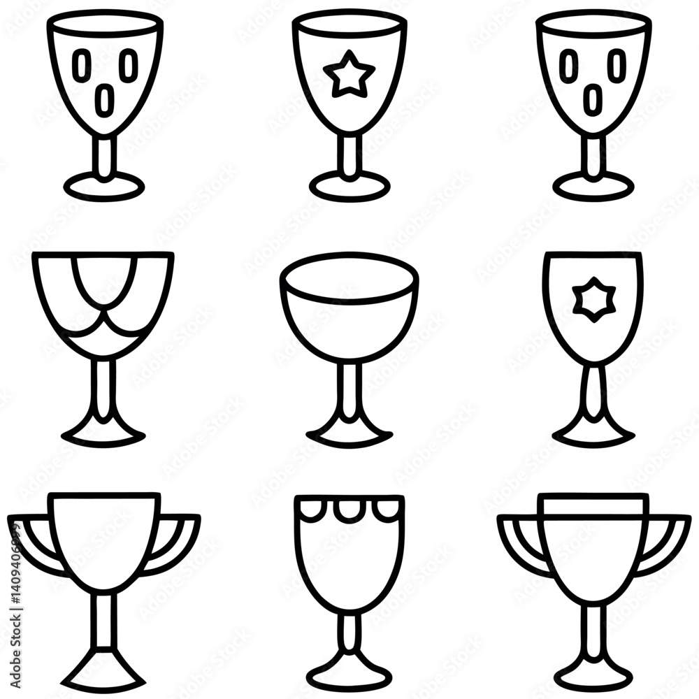 Set of Outline Wine and goblet Glasses with Decorative Designs Set of Outline Wine and goblet Glasses with Decorative Designs