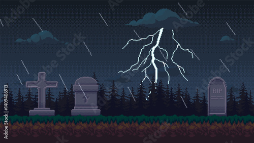 Pixel art cemetery in a rainy night with a thunderstorm. Graveyard 2d background for 8-bit video game. Horizontal seamless landscape.